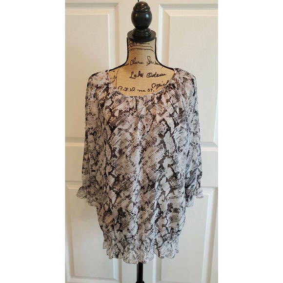Chico's Tops - CHICO'S Black Gray Reptile Snake Skin Print Semi-Sheer Top Smocked Hem 3 (XL-16)